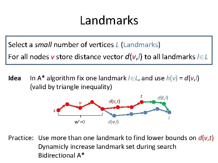 Landmarks Select a small number of vertices L (Landmarks) For all nodes v store Landmarks Select a small number of vertices L (Landmarks) For all nodes v store