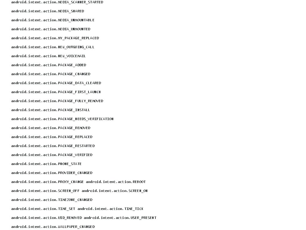 android. intent. action. MEDIA_SCANNER_STARTED android. intent. action. MEDIA_SHARED android. intent. action. MEDIA_UNMOUNTABLE android. intent.