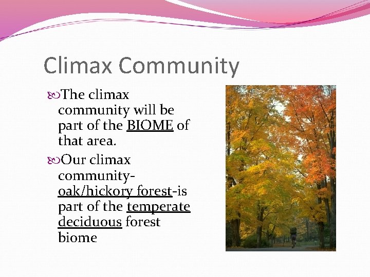 Climax Community The climax community will be part of the BIOME of that area.