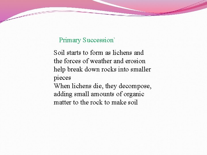 Primary Succession` Soil starts to form as lichens and the forces of weather and