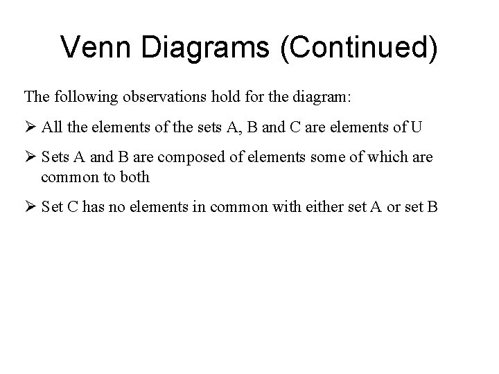 Venn Diagrams (Continued) The following observations hold for the diagram: Ø All the elements