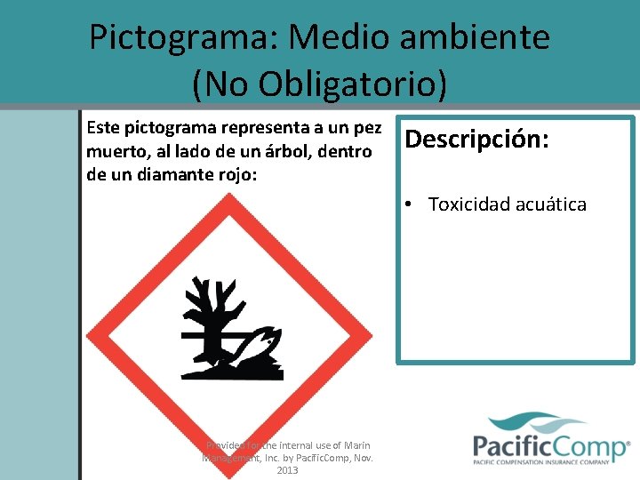 Pictograma: Medio ambiente (No Obligatorio) Este pictograma representa a un pez muerto, al lado