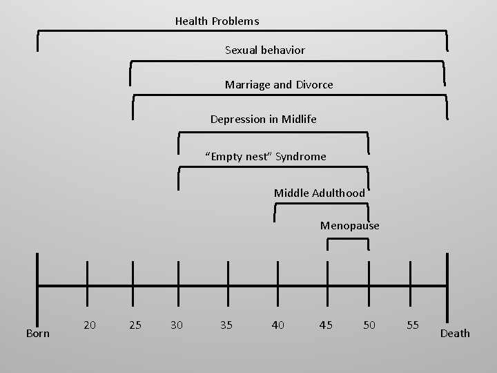 Health Problems Sexual behavior Marriage and Divorce Depression in Midlife “Empty nest” Syndrome Middle