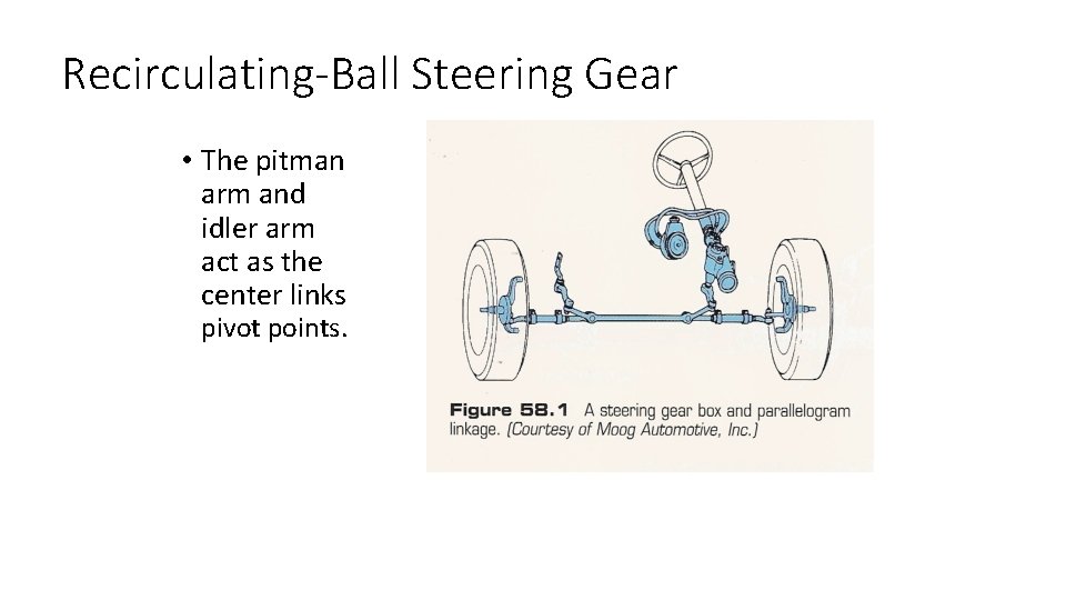 Recirculating-Ball Steering Gear • The pitman arm and idler arm act as the center