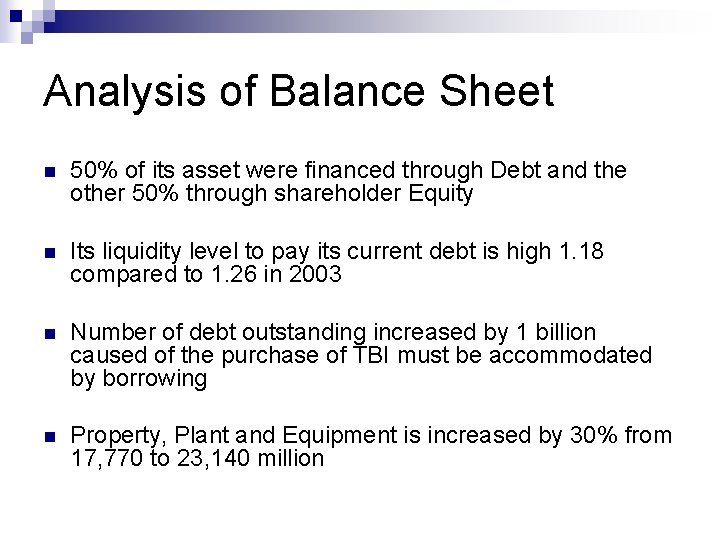 Analysis of Balance Sheet n 50% of its asset were financed through Debt and