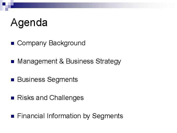 Agenda n Company Background n Management & Business Strategy n Business Segments n Risks