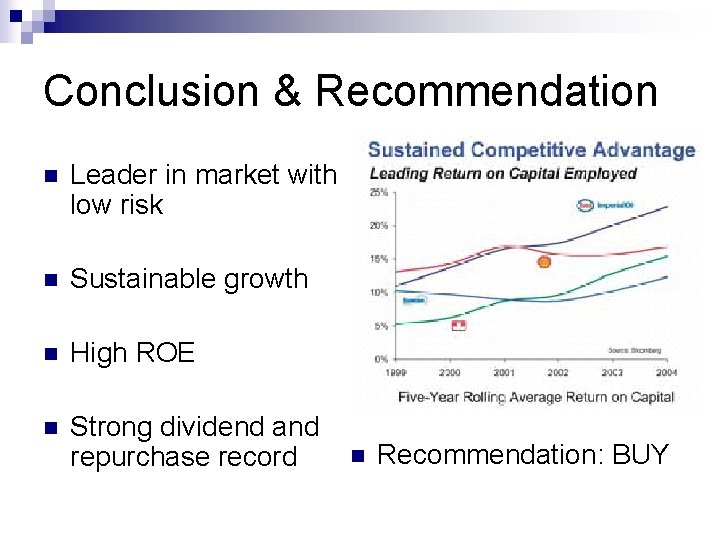 Conclusion & Recommendation n Leader in market with low risk n Sustainable growth n