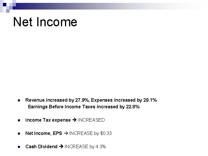 Net Income n Revenue increased by 27. 9%, Expenses increased by 29. 1% Earnings