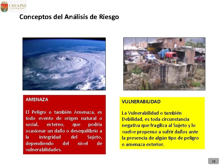 Conceptos del Análisis de Riesgo AMENAZA VULNERABILIDAD El Peligro o también Amenaza, es todo