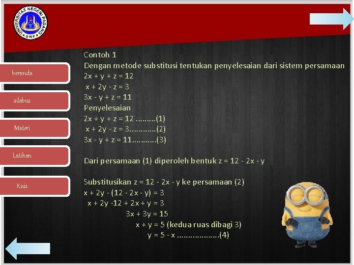 beranda silabus Materi Latihan Kuis Contoh 1 Dengan metode substitusi tentukan penyelesaian dari sistem