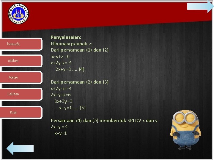 beranda silabus Materi Latihan Kuis Penyelesaian: Eliminasi peubah z: Dari persamaan (1) dan (2)