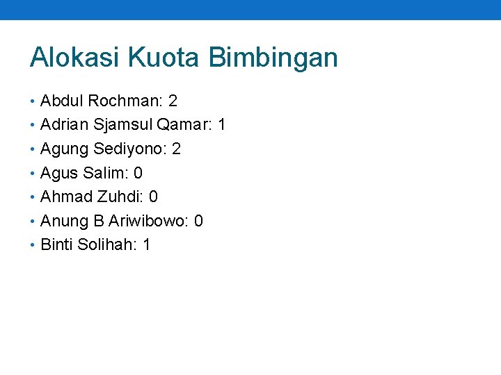 Alokasi Kuota Bimbingan • Abdul Rochman: 2 • Adrian Sjamsul Qamar: 1 • Agung