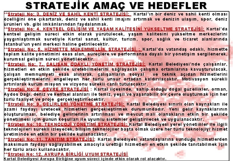 STRATEJİK AMAÇ VE HEDEFLER ** Strateji No: 3. DENİZ VE SAHİL KENTİ STRATEJİSİ: Kartal’ın