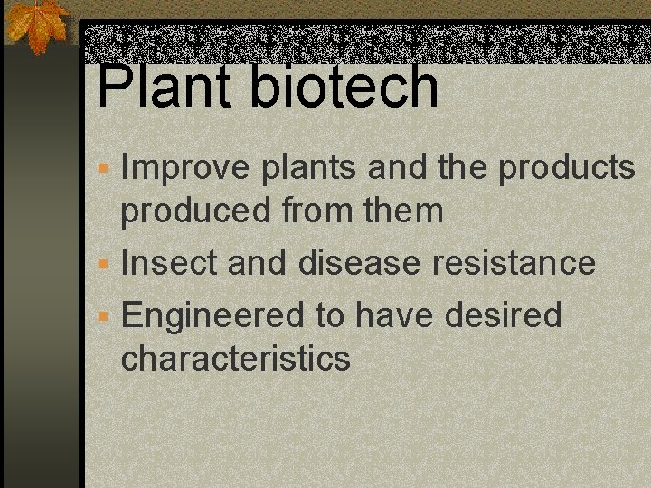 Plant biotech § Improve plants and the products produced from them § Insect and