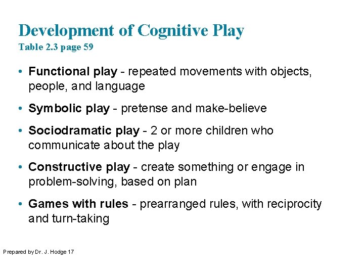 Development of Cognitive Play Table 2. 3 page 59 • Functional play - repeated