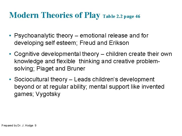 Modern Theories of Play Table 2. 2 page 46 • Psychoanalytic theory – emotional