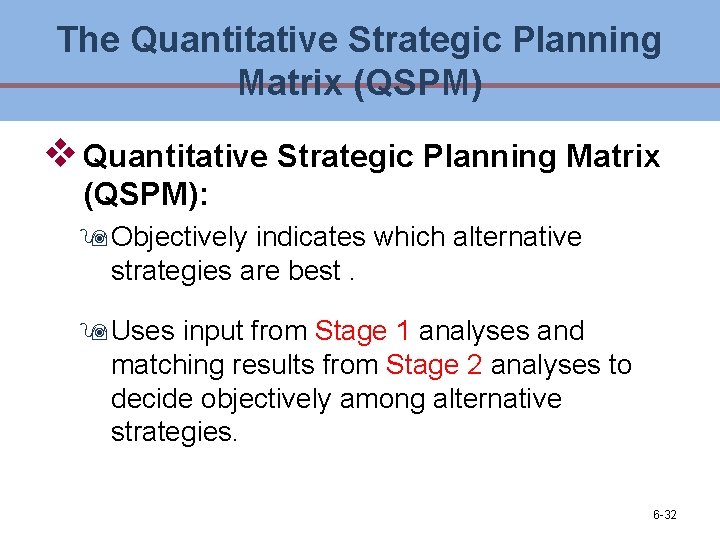 The Quantitative Strategic Planning Matrix (QSPM) v Quantitative Strategic Planning Matrix (QSPM): 9 Objectively The Quantitative Strategic Planning Matrix (QSPM) v Quantitative Strategic Planning Matrix (QSPM): 9 Objectively