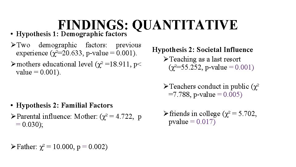 FINDINGS: QUANTITATIVE • Hypothesis 1: Demographic factors Two demographic factors: previous experience (χ²=20. 633,