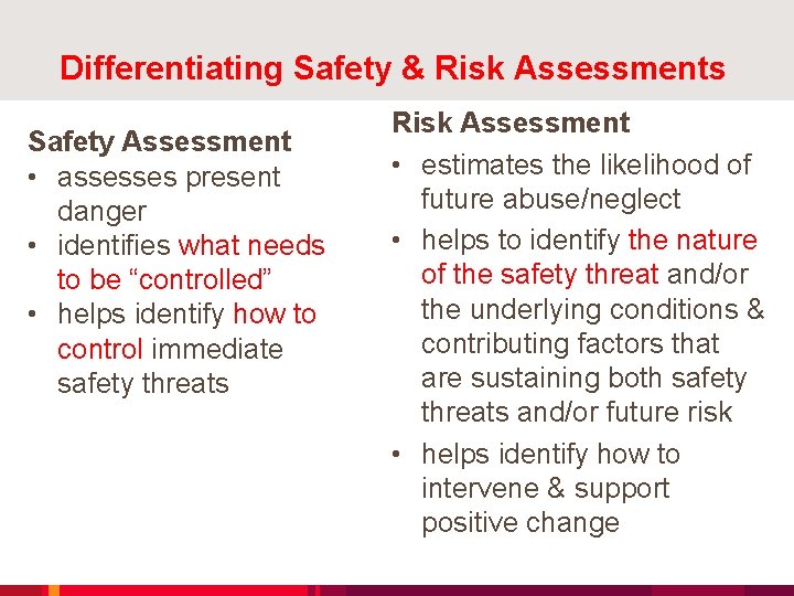 Differentiating Safety & Risk Assessments Safety Assessment • assesses present danger • identifies what