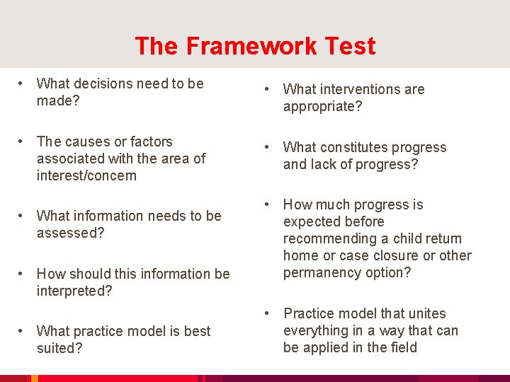 The Framework Test • What decisions need to be made? • What interventions are