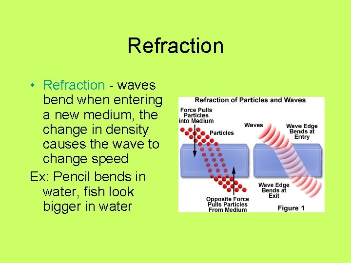 Refraction • Refraction - waves bend when entering a new medium, the change in