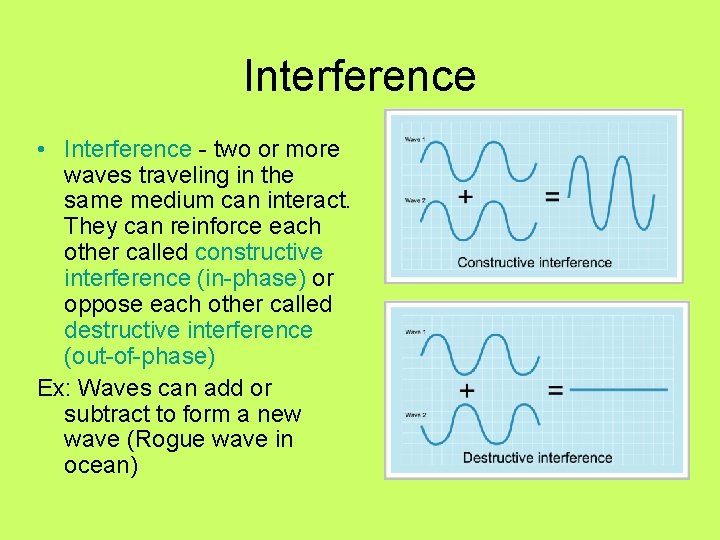 Interference • Interference - two or more waves traveling in the same medium can
