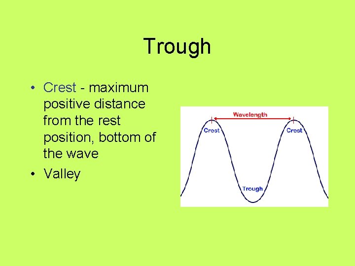 Trough • Crest - maximum positive distance from the rest position, bottom of the