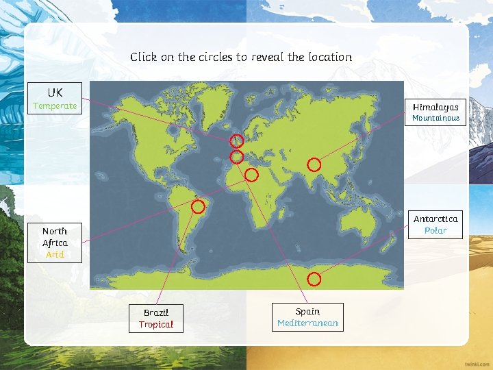 Click on the circles to reveal the location UK Temperate Himalayas Mountainous Antarctica Polar