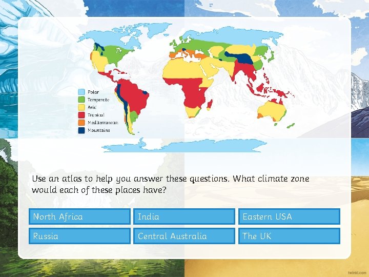 Use an atlas to help you answer these questions. What climate zone would each