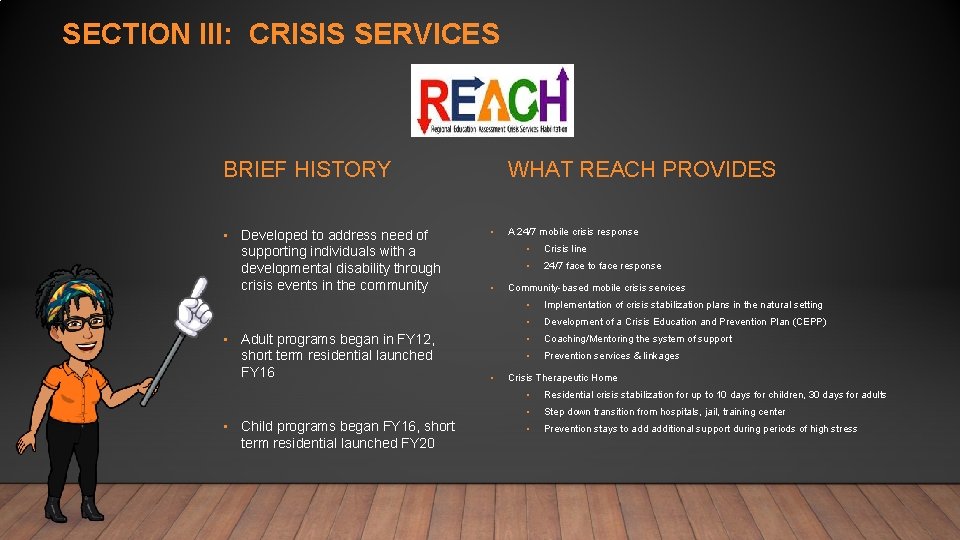 SECTION III: CRISIS SERVICES BRIEF HISTORY • Developed to address need of supporting individuals