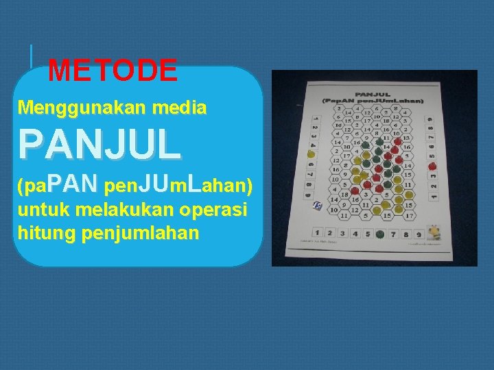METODE Menggunakan media PANJUL (pa. PAN pen. JUm. Lahan) untuk melakukan operasi hitung penjumlahan