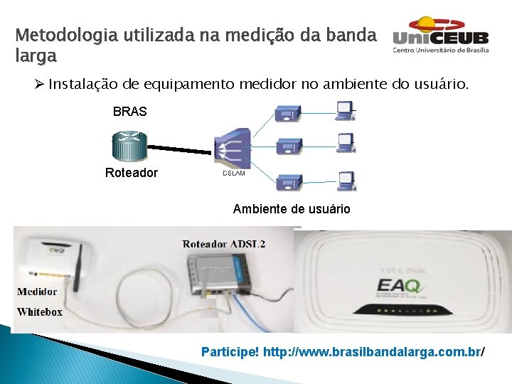 Metodologia utilizada na medição da banda larga Ø Instalação de equipamento medidor no ambiente