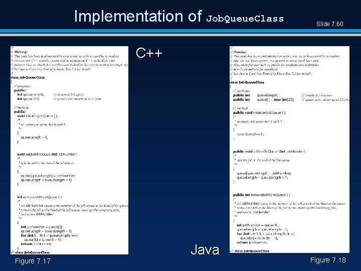 Implementation of Job. Queue. Class Slide 7. 60 C++ Figure 7. 17 Java Figure