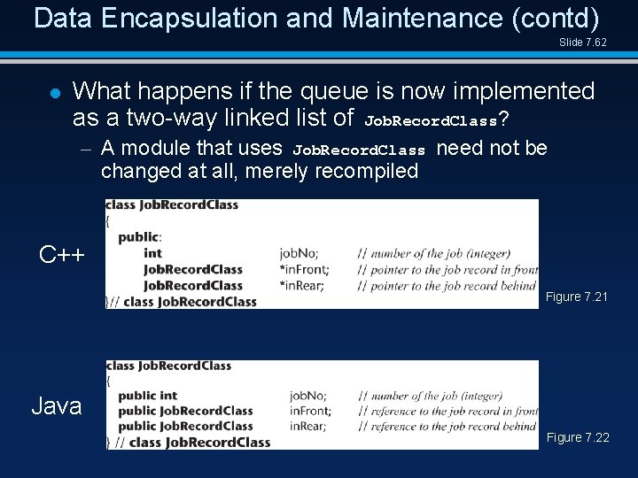 Data Encapsulation and Maintenance (contd) Slide 7. 62 l What happens if the queue