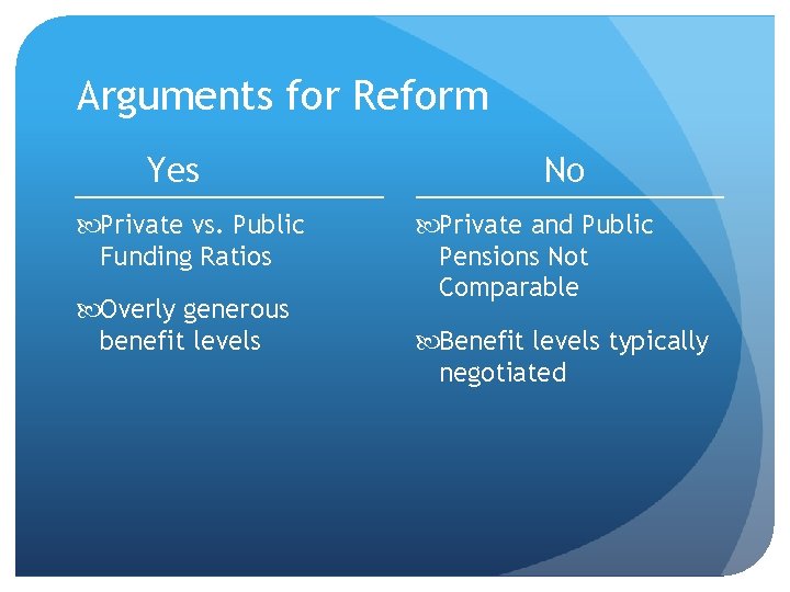 Arguments for Reform Yes Private vs. Public Funding Ratios Overly generous benefit levels No