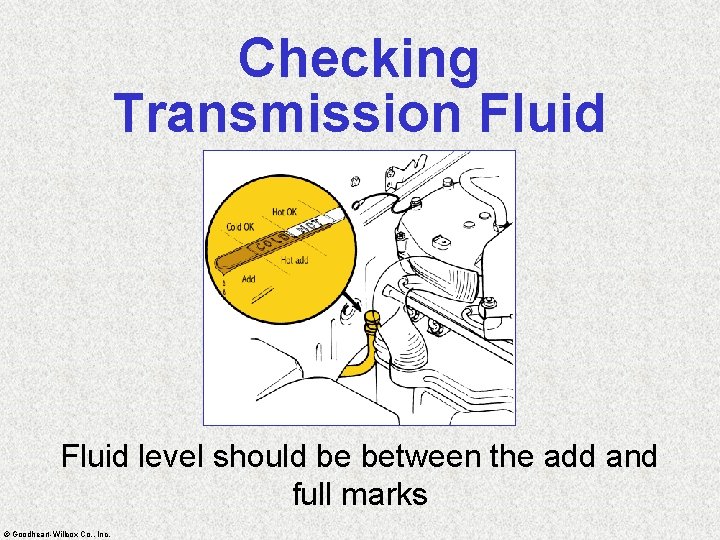 Checking Transmission Fluid level should be between the add and full marks © Goodheart-Willcox