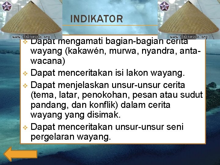 INDIKATOR Dapat mengamati bagian-bagian cerita wayang (kakawén, murwa, nyandra, antawacana) v Dapat menceritakan isi