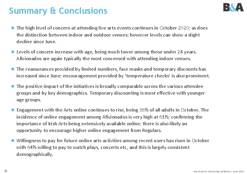 Summary & Conclusions ● The high level of concern at attending live arts events