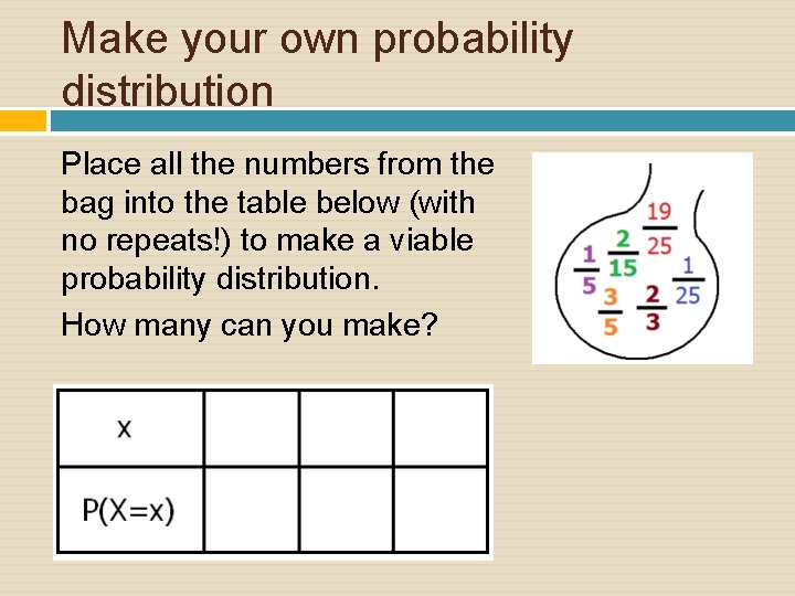 Make your own probability distribution Place all the numbers from the bag into the