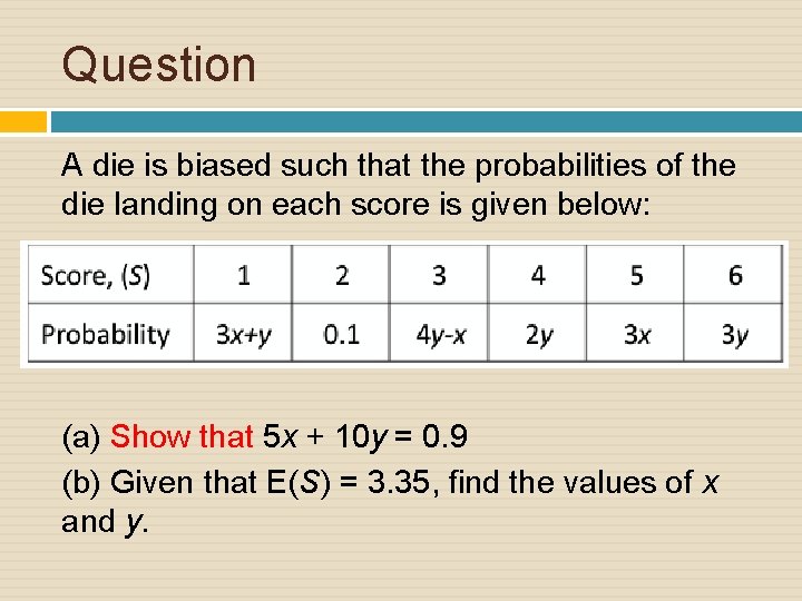 Question A die is biased such that the probabilities of the die landing on