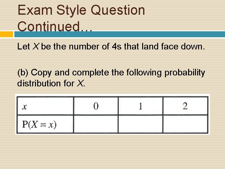 Exam Style Question Continued… Let X be the number of 4 s that land