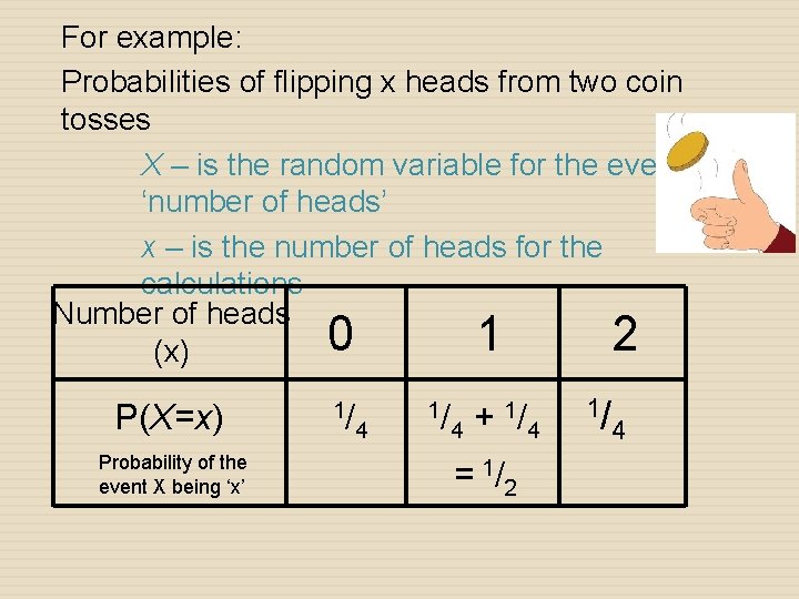 For example: Probabilities of flipping x heads from two coin tosses X – is