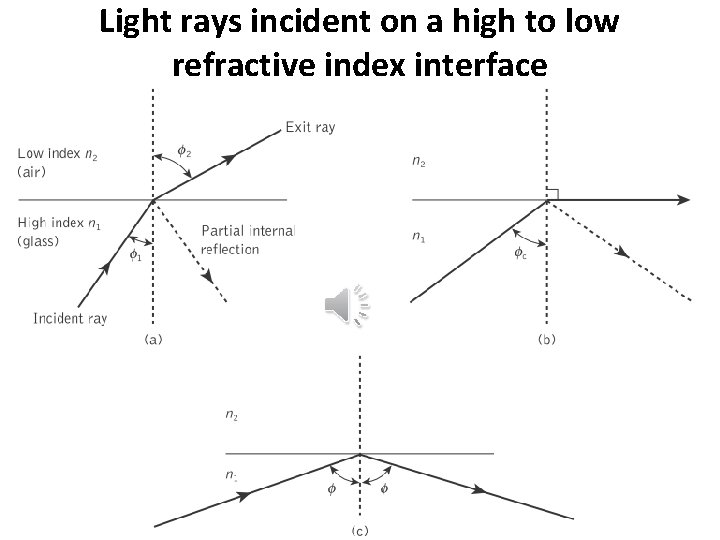 Light rays incident on a high to low refractive index interface 