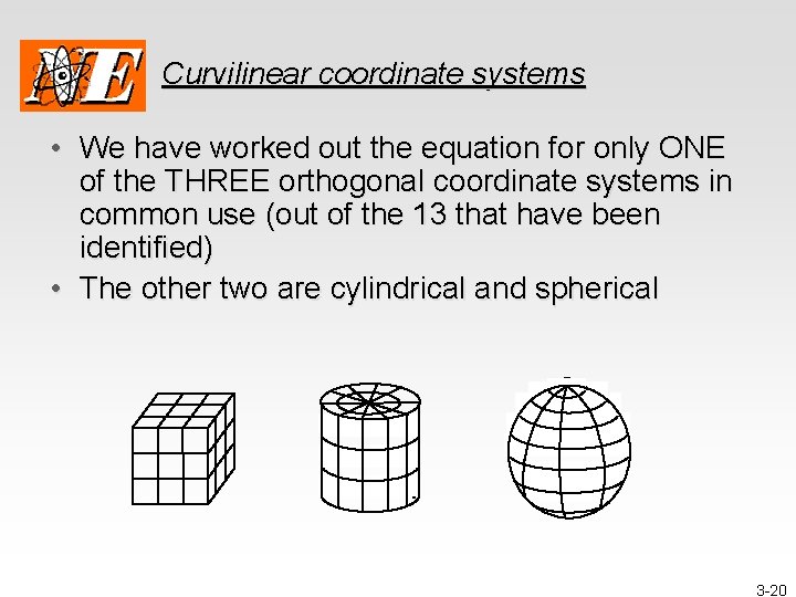 Curvilinear coordinate systems • We have worked out the equation for only ONE of