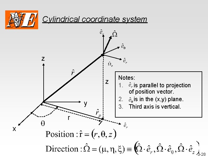 Cylindrical coordinate system z z y Notes: 1. is parallel to projection of position