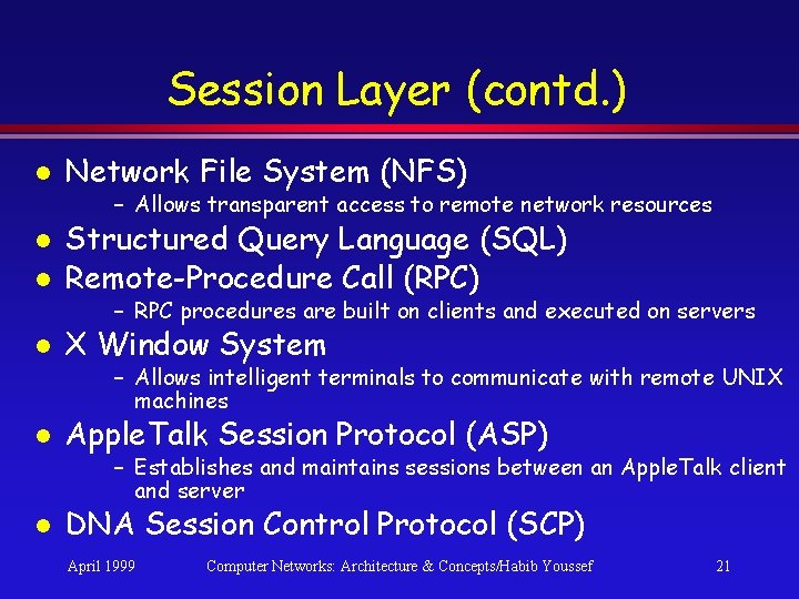 Session Layer (contd. ) l Network File System (NFS) – Allows transparent access to Session Layer (contd. ) l Network File System (NFS) – Allows transparent access to