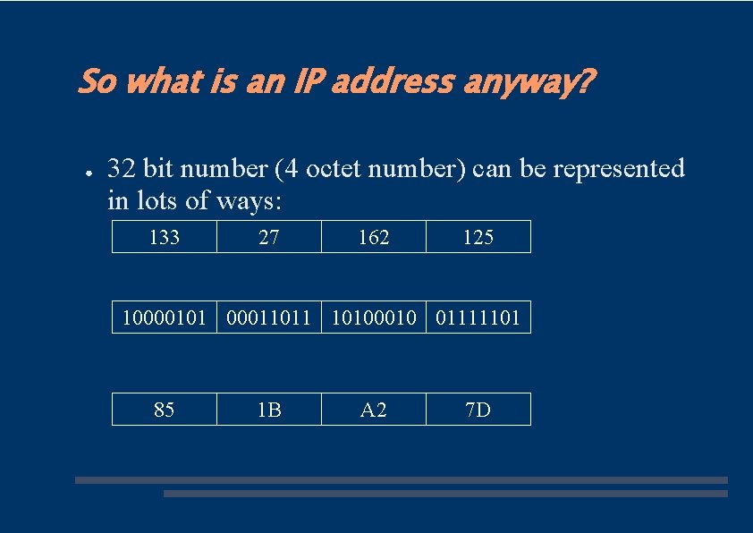 So what is an IP address anyway? ● 32 bit number (4 octet number)