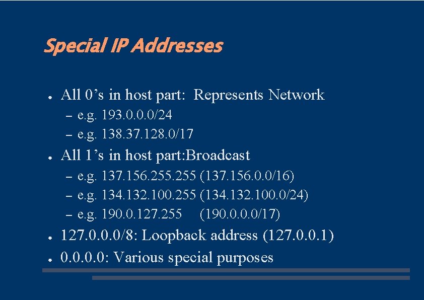 Special IP Addresses ● All 0’s in host part: Represents Network – – ●