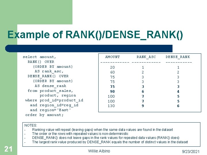Example of RANK()/DENSE_RANK() select amount, RANK() OVER (ORDER BY amount) AS rank_asc, DENSE_RANK() OVER