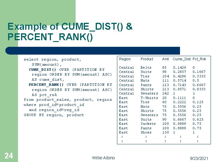 Example of CUME_DIST() & PERCENT_RANK() select region, product, SUM(amount), CUME_DIST() OVER (PARTITION BY region